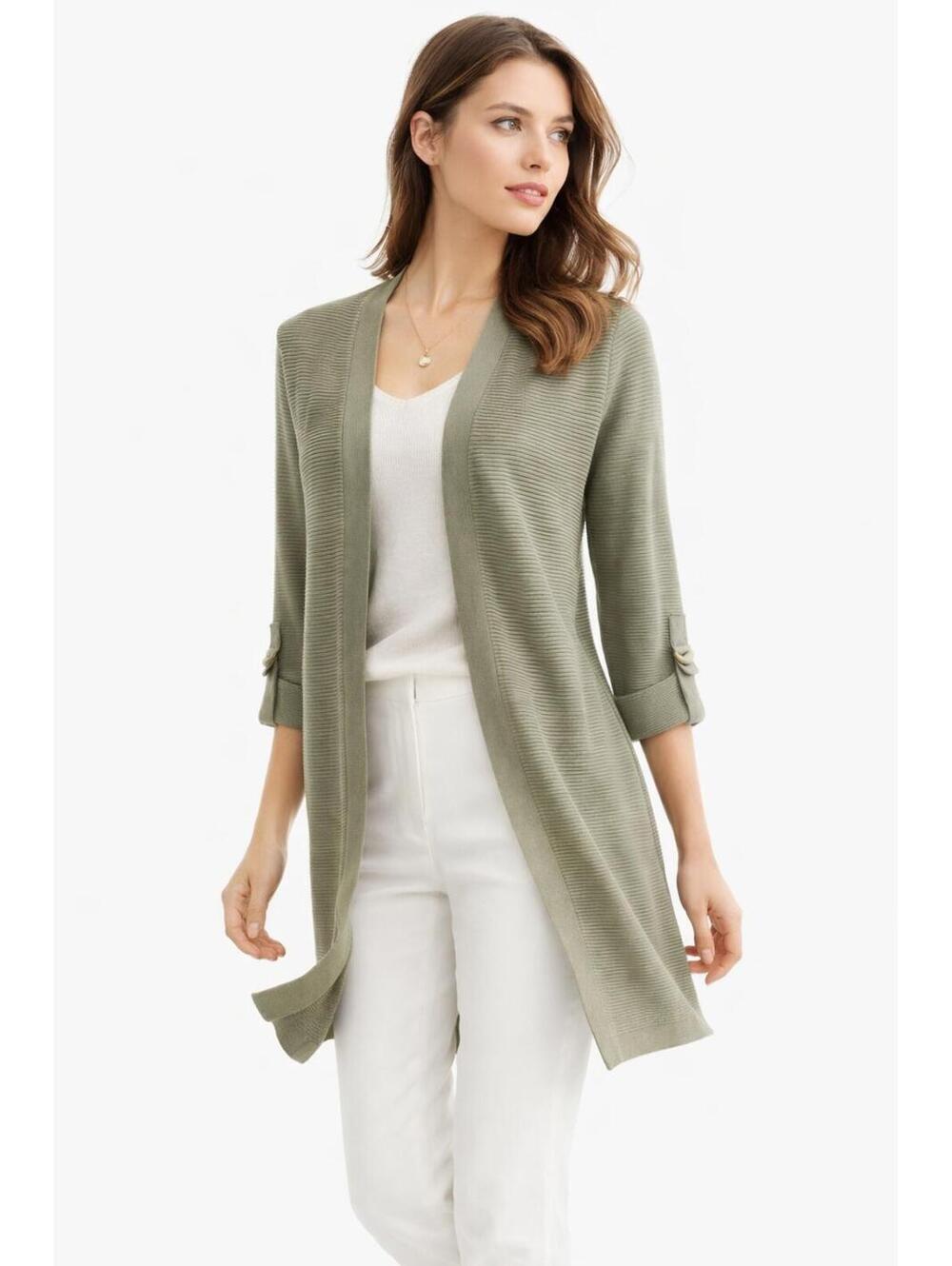 Chico’s Textured Open Front Cardigan - 3/4 Tab Sleeve - Olive Green - Size 1 (M)